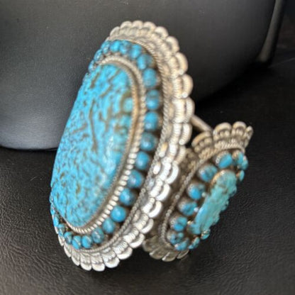 Handmade Native American Blue Kingman Turquoise Cuff Bracelet | Sterling Silver | 14223