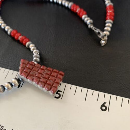 Navajo Red Coral Corn Inlay Necklace Pendant | Sterling Silver | 21" | Authentic Native American Handmade | 12585 - Masha USA