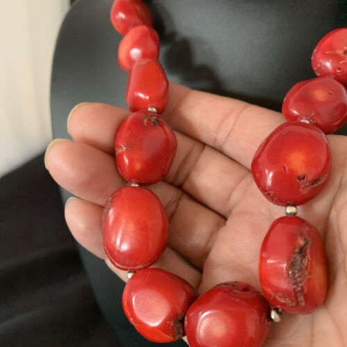 Navajo Red Coral Bead Necklace | Sterling Silver | 20" | Authentic Native American Handmade | 13409