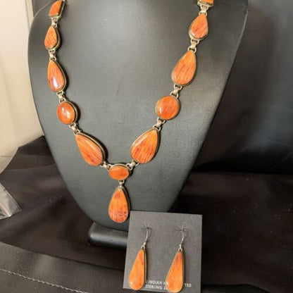 Navajo Lariat Necklace with Orange Spiny Oyster Earrings | Sterling Silver Pendant | 20" | Authentic Native American Handmade | 13882