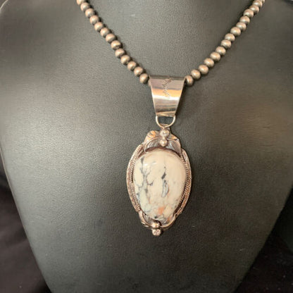 White Buffalo Turquoise Pendant Necklace | Sterling Silver | Navajo | Authentic Native American Handmade | 13991