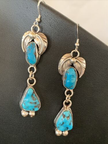 Navajo Kingman Turquoise Dangle Earrings | Sterling Silver | Authentic Native American Handmade | 01219