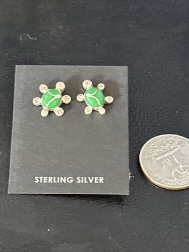 Navajo Turtle Green Turquoise Inlay Earrings | Sterling Silver | Authentic Native American Handmade | 14778