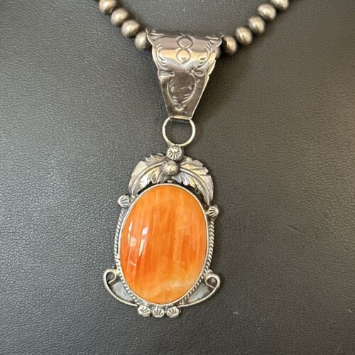 Navajo Pearls Necklace with Orange Spiny Oyster Pendant | Sterling Silver | Authentic Native American Handmade | 14723