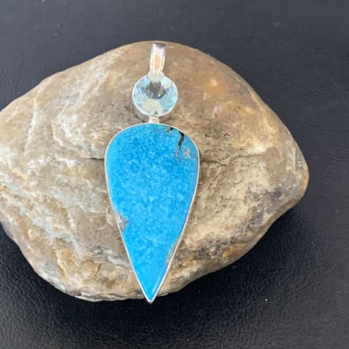 Navajo Blue Topaz Turquoise Pendant | Sterling Silver | 3" | Authentic Native American Handmade | 10709