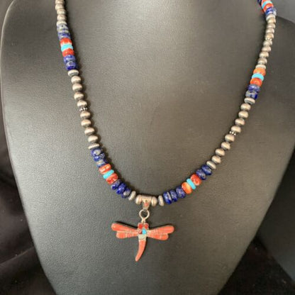 Navajo Turquoise Coral Inlay Dragonfly Pendant | Sterling Silver | Authentic Native American Handmade | 13509 - Masha USA
