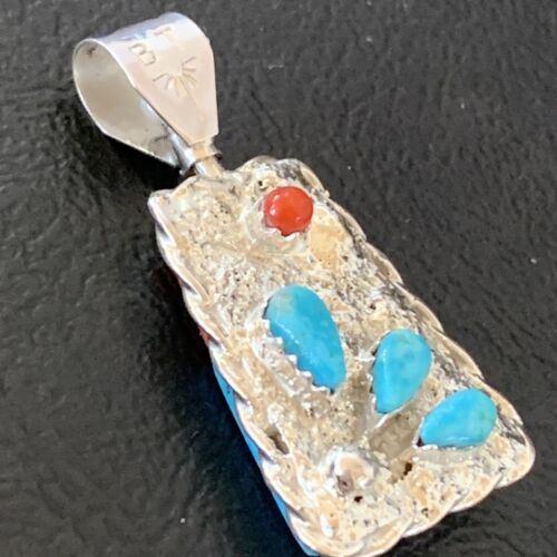 Zuni Yellow Mother of Pearl Turquoise Coral Inlay Sun Face Pendant | Sterling Silver | 2-Sided | 1685