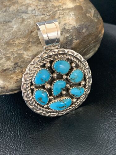 Navajo Blue Kingman Turquoise Cluster Pendant | Authentic Native American Sterling Silver | Multi-Stone | 2" | 02094