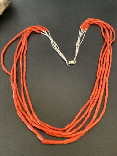 Southwestern Natural Red Coral Heishi Necklace | 5 Strand | Sterling Silver | 20" | 1217