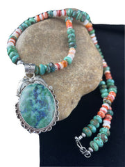 Men's Navajo Sterling Silver Necklace | Spiny Oyster & Turquoise | Moss Agate Pendant | Native American | 01625