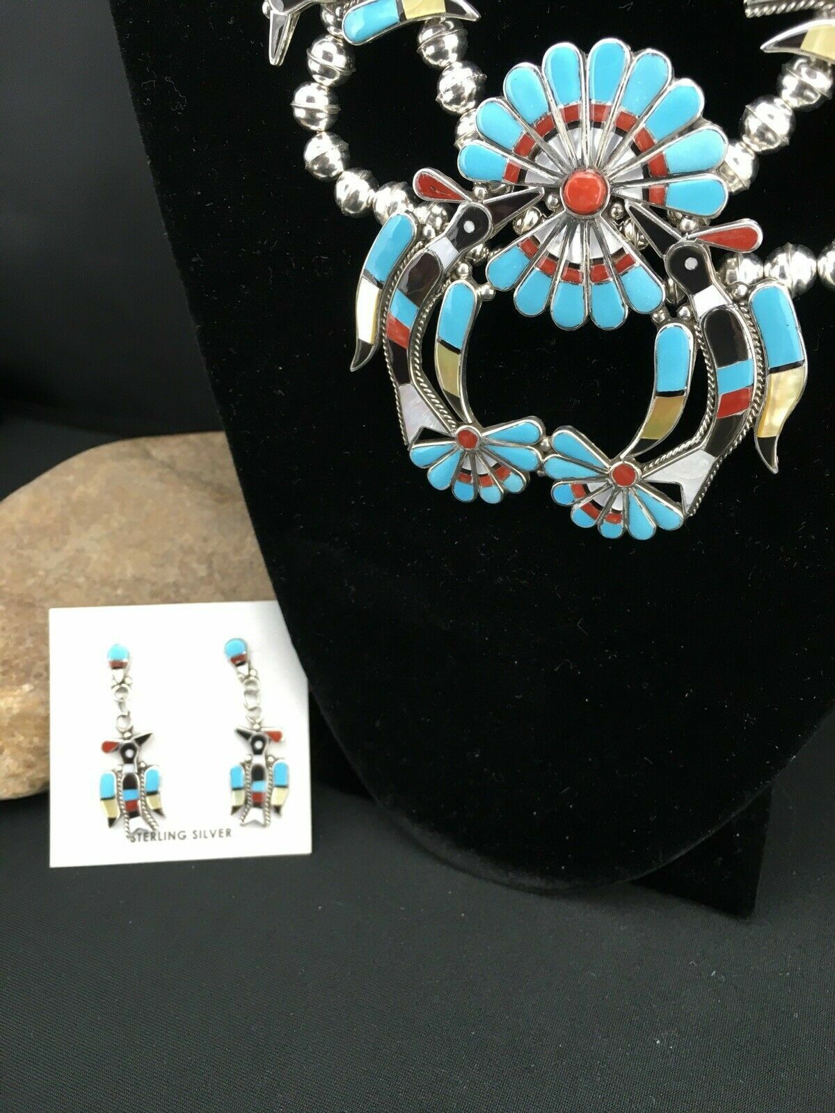 Zuni Peyote Bird Turquoise Squash Blossom Necklace Set | Sterling Silver | Native American Handmade | 1313