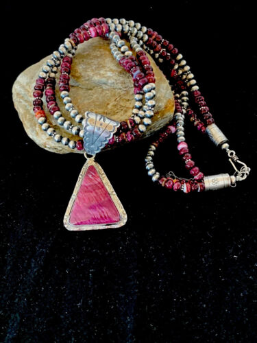 Navajo Purple Spiny Oyster Pendant Necklace | 3-Strand | Sterling Silver | Authentic Native American Handmade | 4107