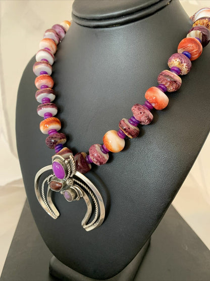 Navajo Purple Red Spiny Sugilite Necklace | Authentic Native American Sterling Silver | Naja Pendant | 00911
