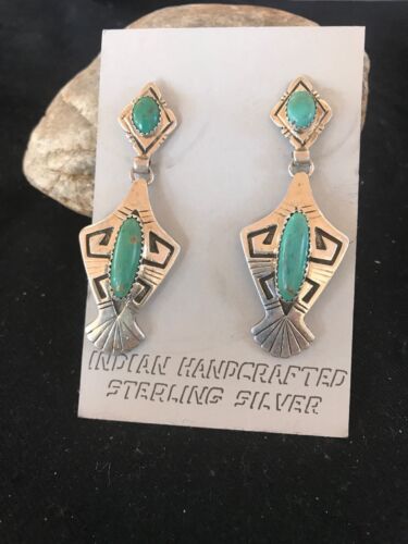 Hopi Turquoise Drop Dangle Earrings | Vintage Old Pawn Sterling Silver | Authentic Native American Handmade | 1123