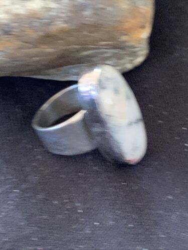 Southwestern Navajo Cinnabrite Ring | White Black | Sterling Silver | Sz 7.5 | 01560