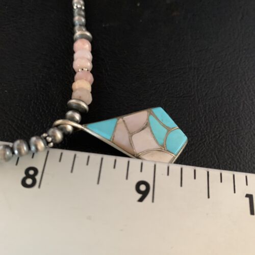 Navajo Mother of Pearl Turquoise Inlay Pendant with Pink Opal Bead | Sterling Silver Necklace | 13456