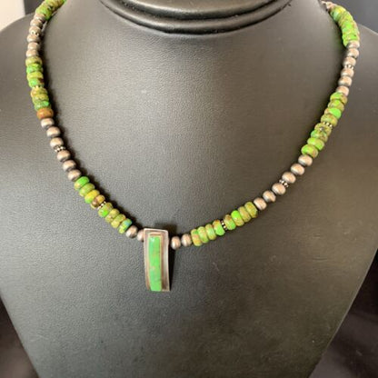 Navajo Green Gaspeite Turquoise Inlay Pendant | Sterling Silver | Authentic Native American Handmade | 13265