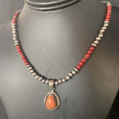 Navajo Red Apple Coral Pendant Necklace | Sterling Silver Beads | Authentic Native American Handmade | 13438