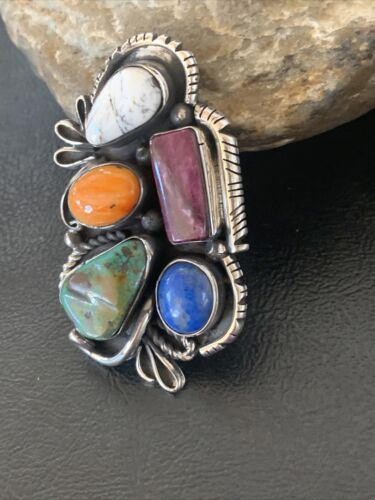 Navajo White Buffalo Spiny Oyster Lapis Multi-Stone Ring | Authentic Native American Sterling Silver | Sz 10.5 | 11568