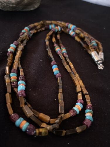 Navajo Turquoise, Tigers Eye & Spiny Oyster Necklace | Sterling Silver | Authentic Native American Handmade | 1132