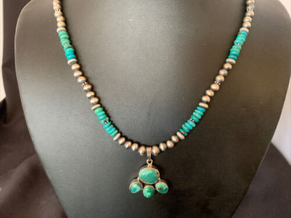 Navajo Pearl Necklace with Blue Cluster Turquoise and Multi-Stone Pendant | Authentic Native American Sterling Silver | 12546
