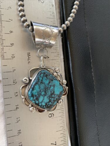 Men's Navajo Blue Spiderweb Turquoise Pendant Necklace | Sterling Silver | Authentic Native American Handmade | 10663