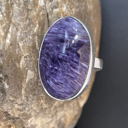 Navajo Women's Oval Purple Charoite Ring | Sterling Silver | Sz 8 Adjustable | Authentic Native American Handmade | 10567