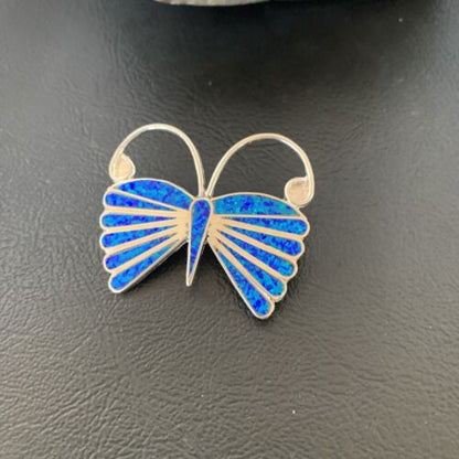 Navajo Blue Opal Butterfly Sterling Silver Necklace Pin Pendant | 11973