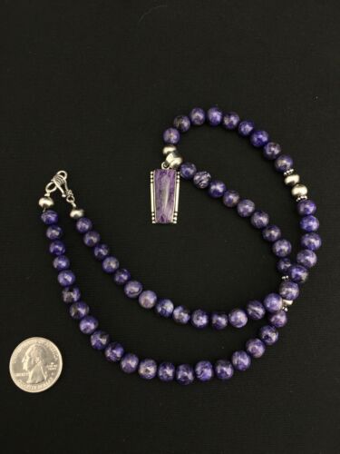 Navajo Charoite Pendant with Pearls | Sterling Silver Necklace | 21" | Authentic Native American Handmade | 4877