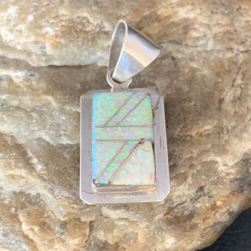 Navajo Sterling Silver White Pink Faux Opal Inlay Pendant | 1.5" | Authentic Native American Handmade | 13555