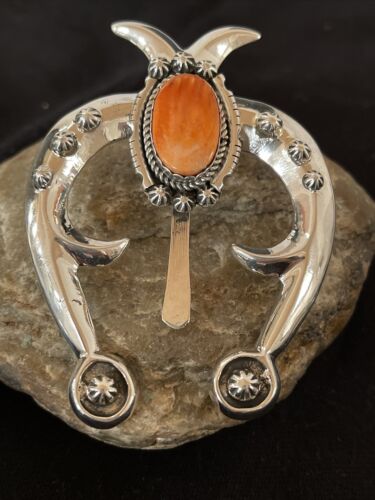 Navajo Orange Spiny Oyster Naja Pendant | Sterling Silver | Authentic Native American Handmade | 1062