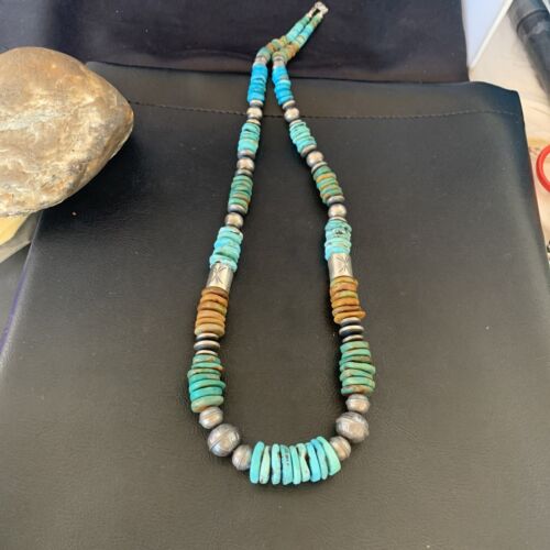 Navajo Blue Green Turquoise Barrel Beads Graduated Necklace | Sterling Silver | Authentic Native American Handmade | 26" | 12673