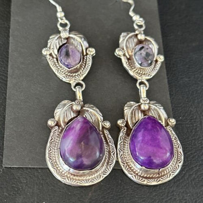 Navajo Purple Sugilite Dangle Earrings | Sterling Silver | 2" | Authentic Native American Handmade | 14461