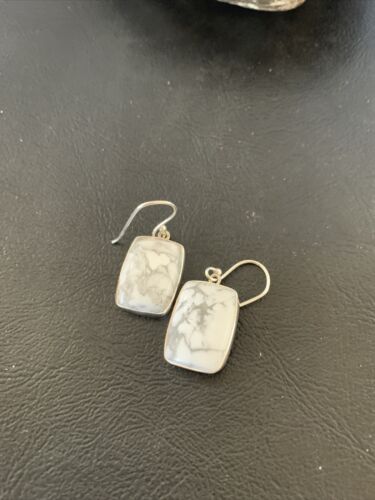 Navajo Sterling Silver White Howlite Black Dangle Rectangle Earrings | 0.75" | 12072