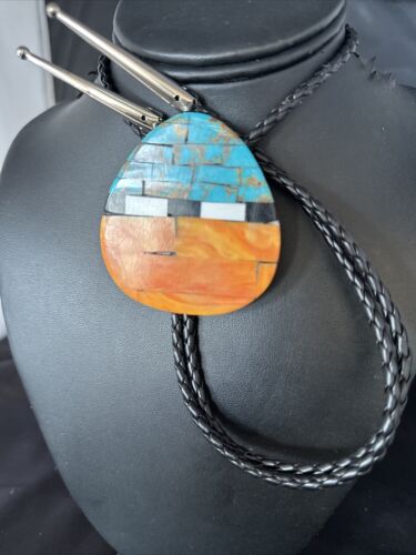 Men's Bolo Tie | Turquoise & Orange Spiny Oyster | Sterling Silver Tips | Authentic Native American Handmade | 14630