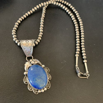Men's Navajo Pearls Necklace with Denim Lapis Pendant | Sterling Silver | Authentic Native American Handmade | 12433