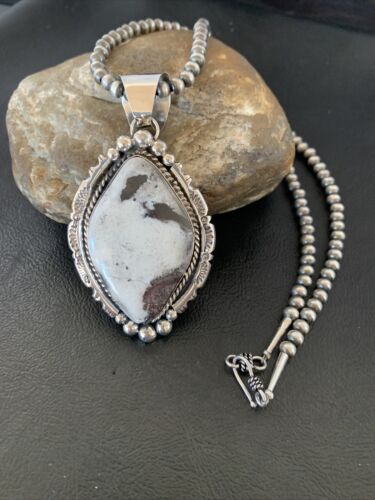 Navajo White Buffalo Turquoise Necklace Pendant | Sterling Silver | XL Men's | Authentic Native American Handmade | 11685