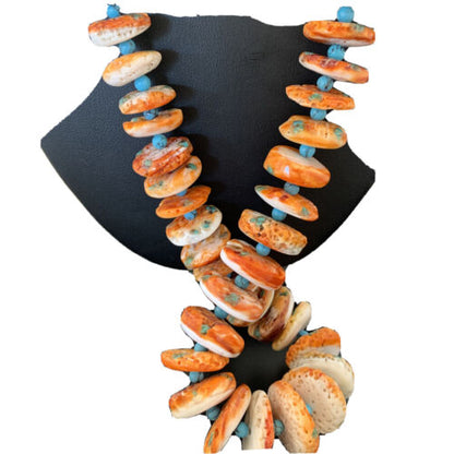 Authentic Navajo Orange Spiny Oyster & Turquoise Necklace | Sterling Silver | 28" | Native American Jewelry