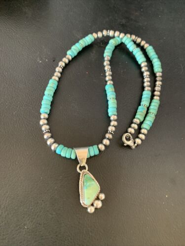 Men's Blue Turquoise Pendant Necklace | Navajo Pearls | Sterling Silver | Authentic Native American Handmade | 13202