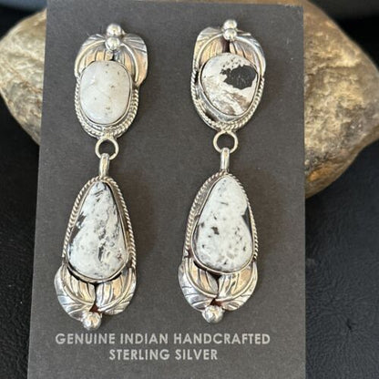 Navajo White Buffalo Turquoise Dangle Earrings | Sterling Silver | 2.5" | Authentic Native American Handmade | 14742