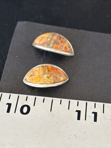 Navajo Orange Spiny Oyster Inlay Earrings | Sterling Silver | Authentic Native American Handmade | 14789