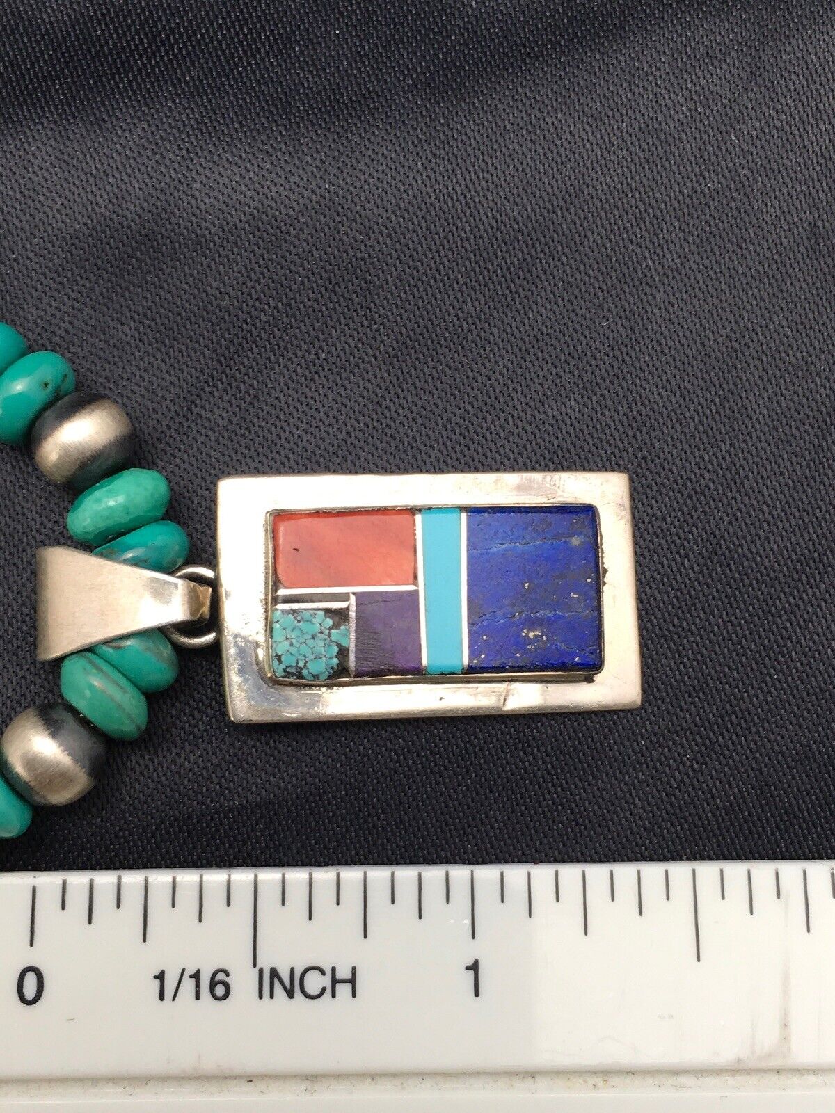 Navajo Turquoise & Lapis Inlay Pendant Necklace | Sterling Silver | 19" | Authentic Native American Handmade | 4077