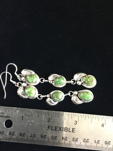 Navajo Green Sonoran Gold Turquoise 3" Dangle Earrings | Sterling Silver | Authentic Native American Handmade | 1732