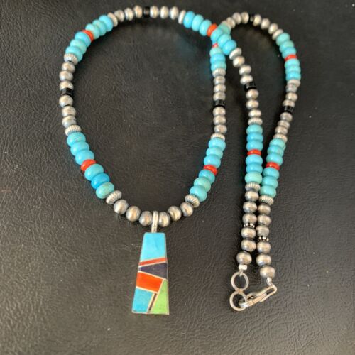 Navajo Blue Turquoise Coral Pendant Necklace | Sterling Silver Inlay | Authentic Native American Handmade | 13839