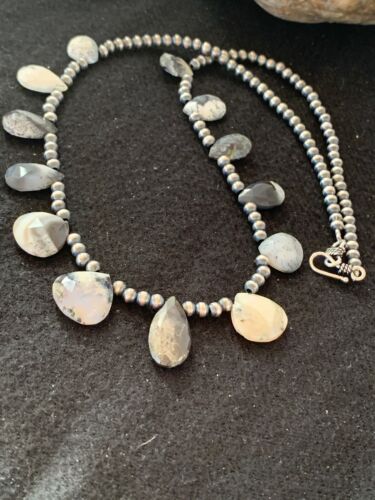 Navajo Pearls Pear Shape Necklace | Sterling Silver Black Rutile Opal Teardrop | Authentic Native American Handmade | 4088
