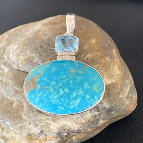 Navajo Blue Topaz Turquoise Multi-Stone Pendant | Authentic Native American Sterling Silver | 2.25" | 10713