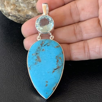 Southwestern Navajo Blue Topaz Turquoise Pendant | Sterling Silver | 3" | 10711