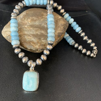 Men's Navajo Sterling Silver Necklace | Blue Larimar Pendant 10mm | Natural | 14003