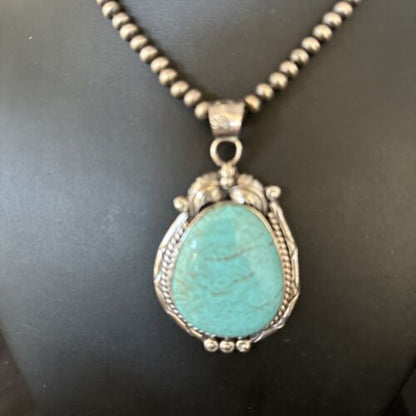 Navajo Blue Turquoise #8 Pendant Necklace | Sterling Silver | Authentic Native American Handmade | 14311