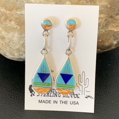 Navajo Multi-Color Turquoise Spiny Opal Inlay Earrings | Sterling Silver | 1.5" | 12010